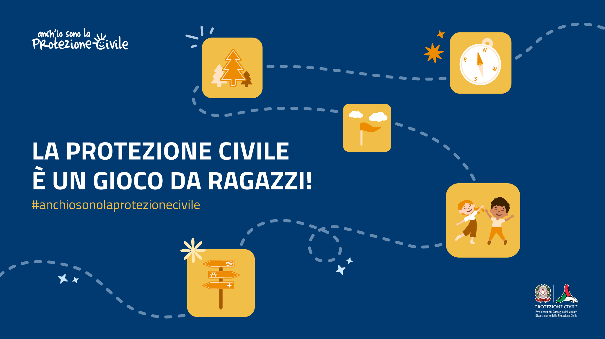 Infografica a logo Dipartimento della Protezione Civile. L'immagine rappresenta un percorso tipo gioco dell'oca in cui le tappe raffigurano elementi come bosco, bussola, sentieri e ragazzi. Il testo è: La protezione civile è un gioco da ragazzi! #anchiosonolaprotezionecivile.