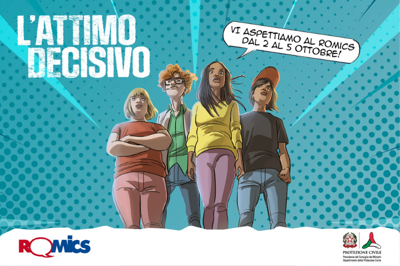Nell'immagine i quattro personaggi del fumetto l'Attimo decisivo e l'invito a recarsi al Romics dal 2 al 5 ottobre 2025