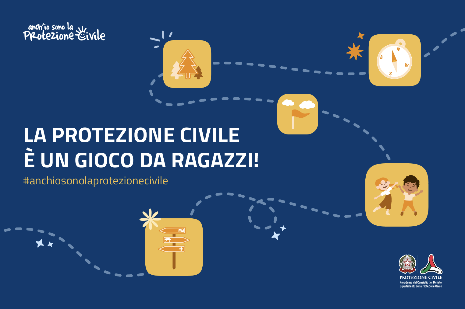 Infografica a logo Dipartimento della Protezione Civile. L'immagine rappresenta un percorso tipo gioco dell'oca in cui le tappe raffigurano elementi come bosco, bussola, sentieri e ragazzi. Il testo è: La protezione civile è un gioco da ragazzi! #anchiosonolaprotezionecivile.